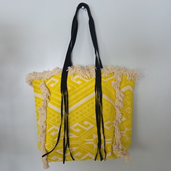 Raj Anthropology Yellow Black Fringe Embrodiered Leather Shoulder Bag Tote Purse - Picture 2 of 16